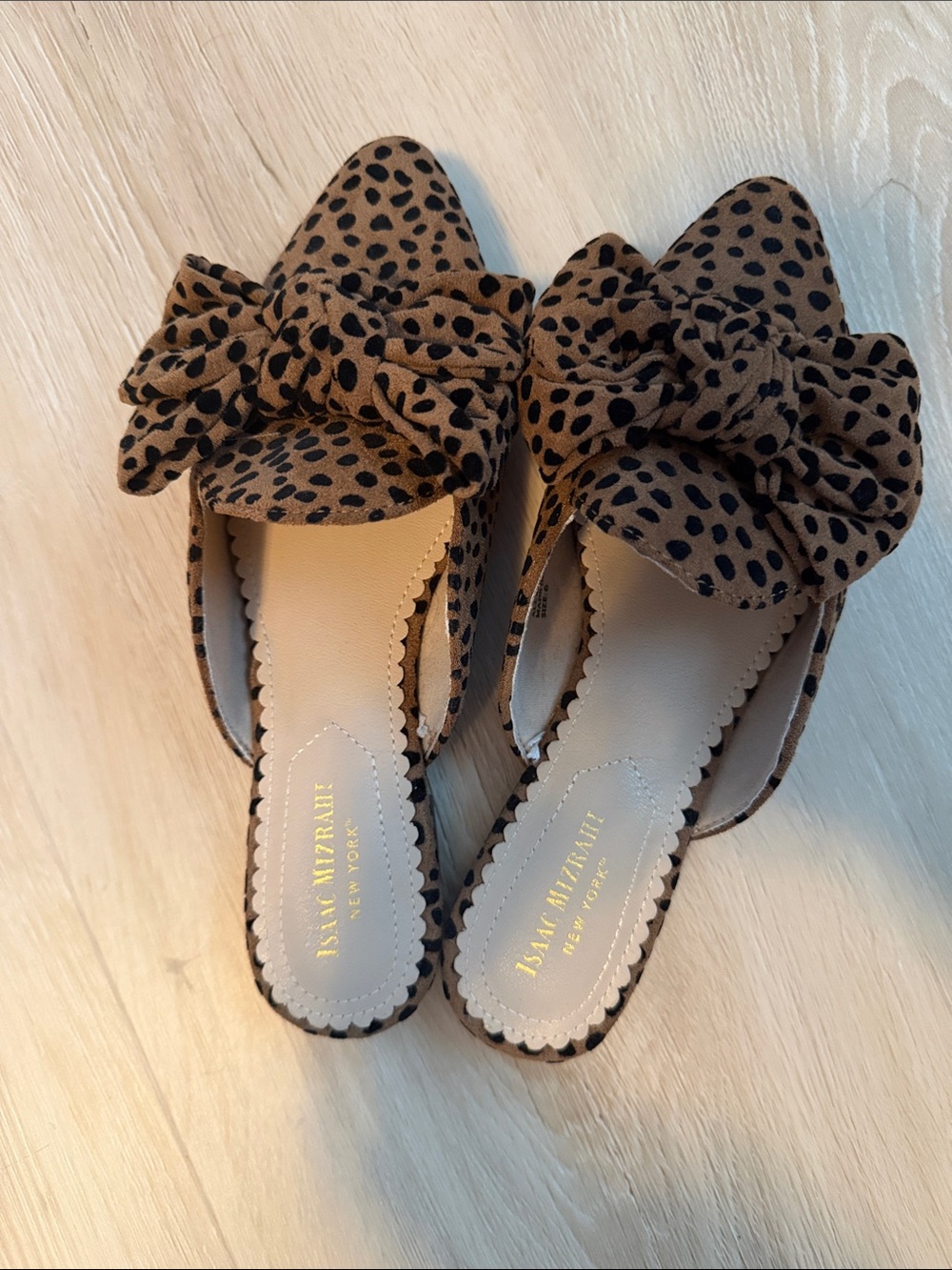 Isaac Mizrahi Leopard Bow Slide Mules - Brown with Black Spots